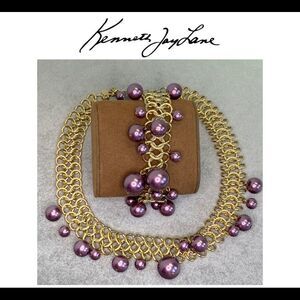 VINTAGE Kenneth Jay Lane Rare Gold Amethyst Purple Glass PEARLNecklace bracelet